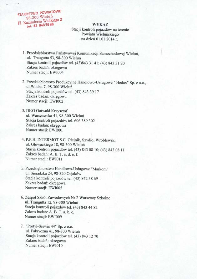 Zdjęcie 14 stycznia 2014 r - Wykaz Stacji kontroli pojazdów na terenie Powiatu Wieluńskiego na dzień 01012014 r _013_007_381236