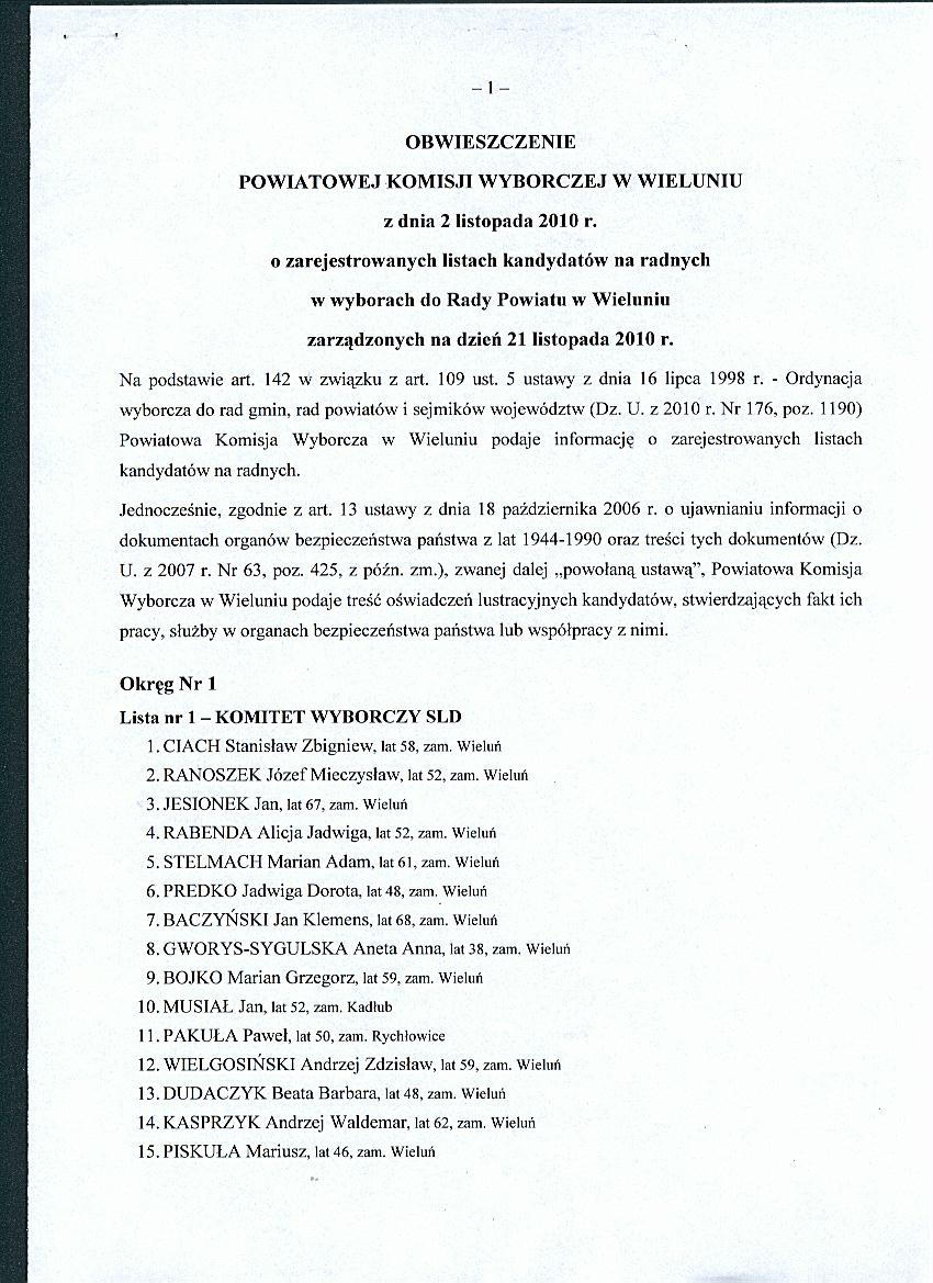 Zdjęcie Obwieszczenie Powiatowej Komisji Wyborczej w Wieluniu z dn 2 112010 r - str1 _024_221282