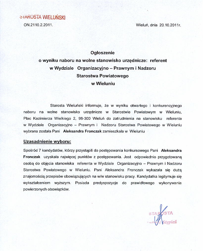 Zdjęcie 20 października 2011r - Ogłoszenie o wyniku naboru na wolne stanowisko urzędnicze referent w Wydziale Organizacyjno-Prawnym i Nadzoru w Starostwie Powiatowym w Wieluniu _026_271779