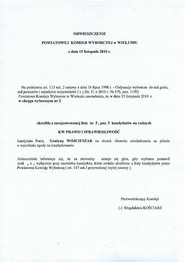 Zdjęcie Obwieszczenie Powiatowej Komisji Wyborczej w Wieluniu z dn 15 112010 r _024_222401